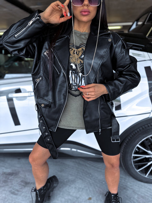Classic, oversized, faux leather jacket S-17 - BLACK